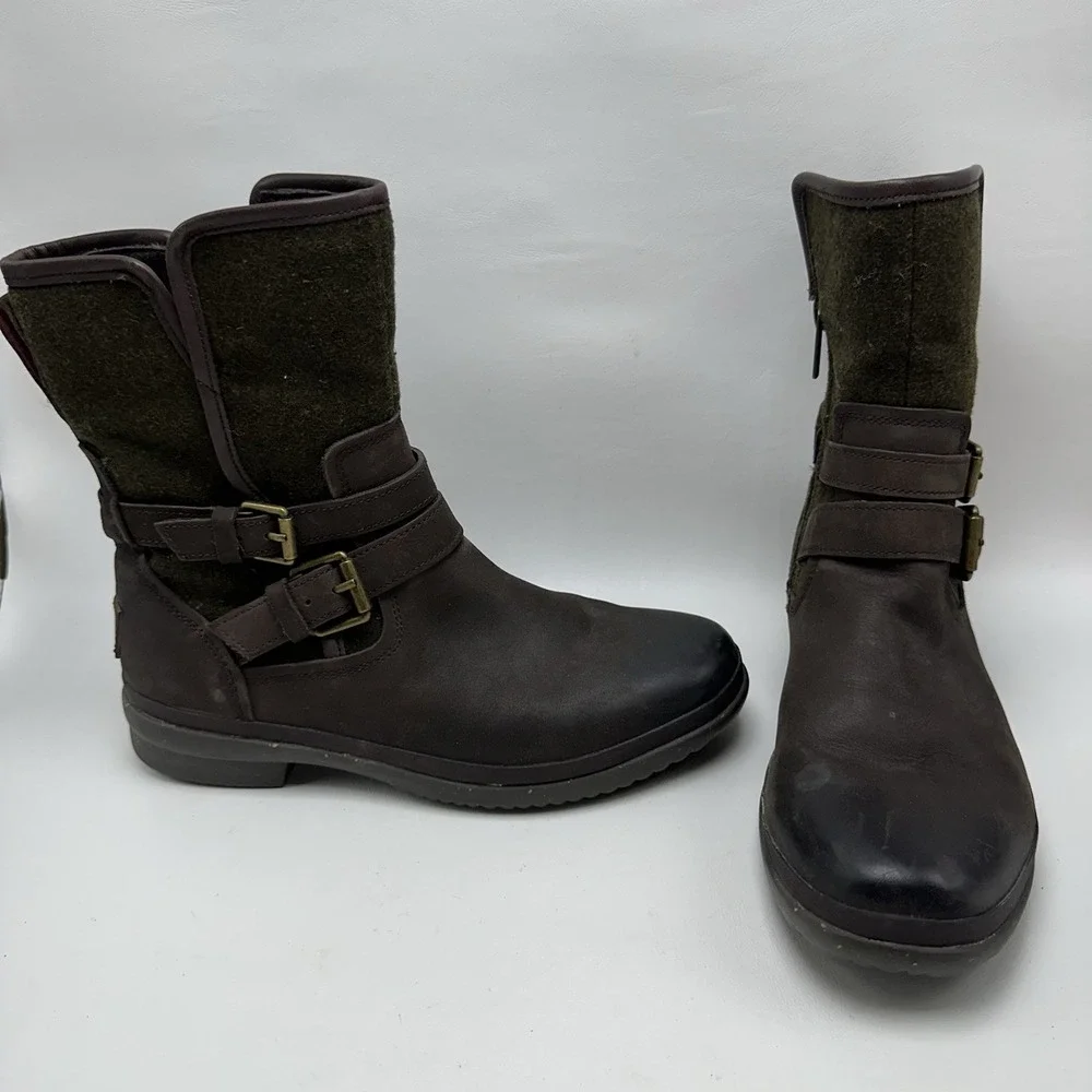 UGG Simmens Waterproof Leather Wool Moto Boots Brown Green Plaid Size 6.5-7